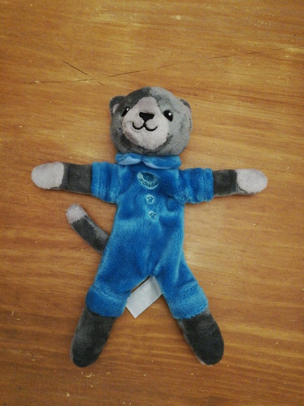Doudou Peluche Anima Chat Gris Bleu Col Salopette Pyjama Animadoo