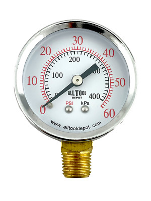 Air Pressure Gauge 2'' Dial Side Mount 1/4''NPT - 0 to 60PSI