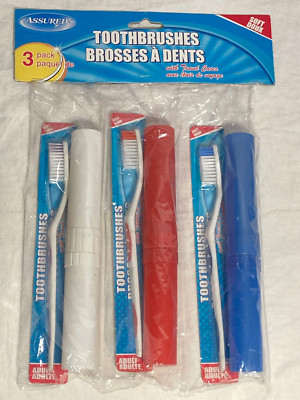 Vntg Assured Travel Soft Toothbrush + Plastic Container Case 3 pcs.