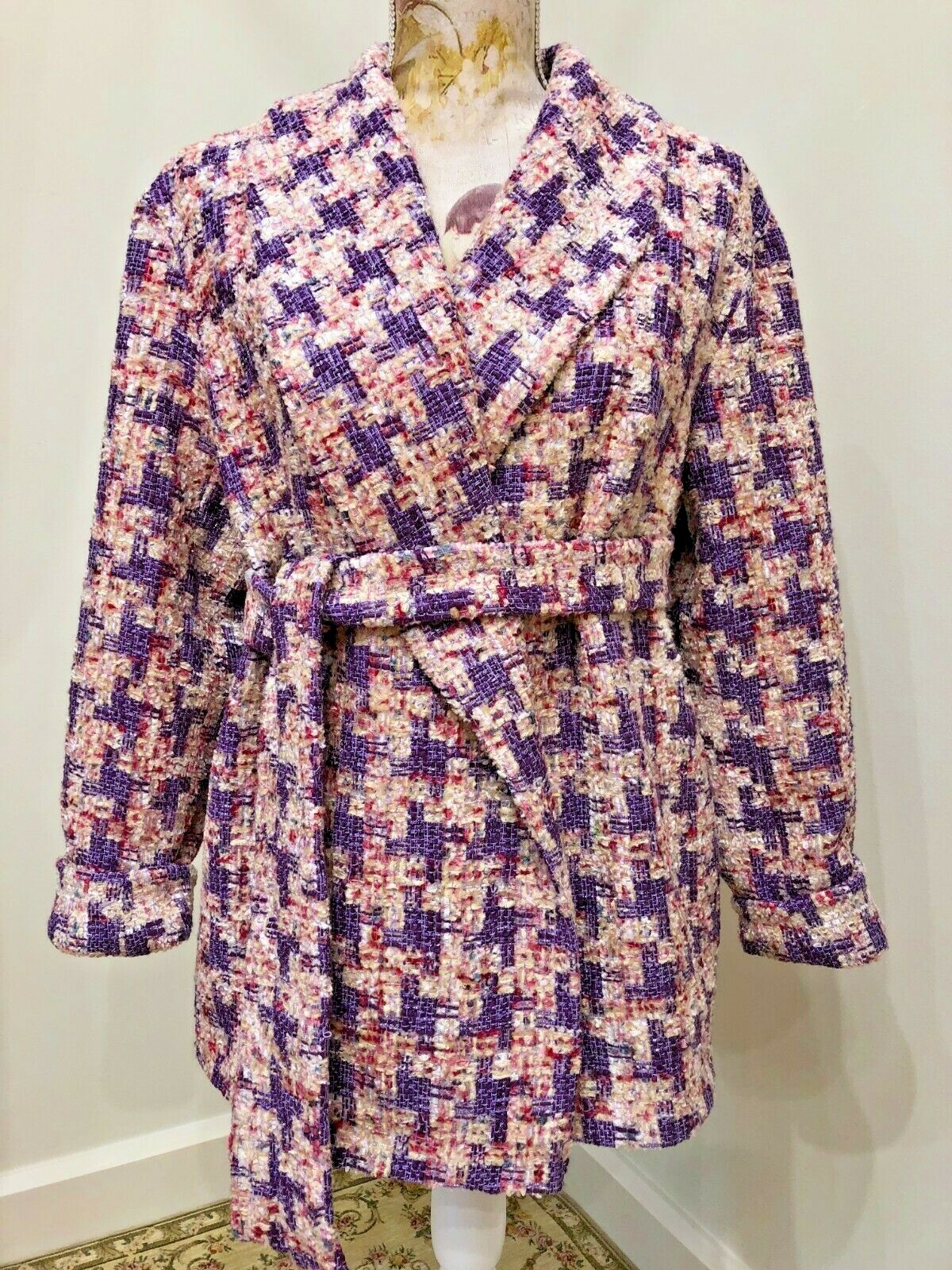 Pre-owned Studio Women´s Tweed Jacket Boucle Cotton Blend Pink Lilac Houndstooth Oversized
