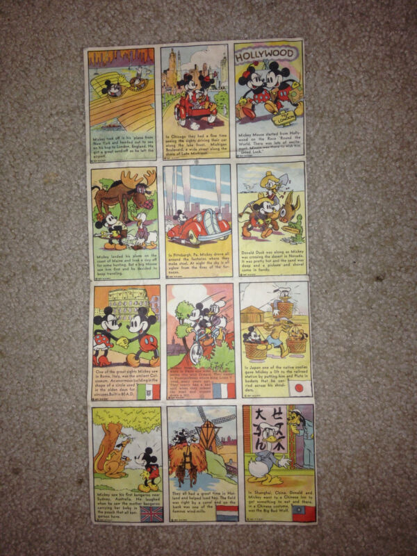 1937 Mickey Mouse Bread Cards Uncut Sheet with Wall Map Premium Disney