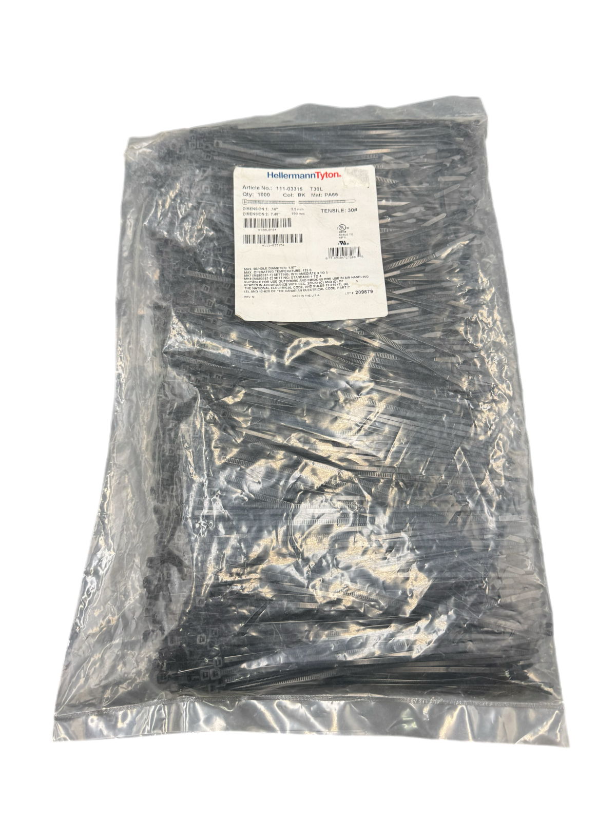 HellermannTyton 7.48"  Black Cable Ties  PA66  30LB   111-03315  Bag of 1,000
