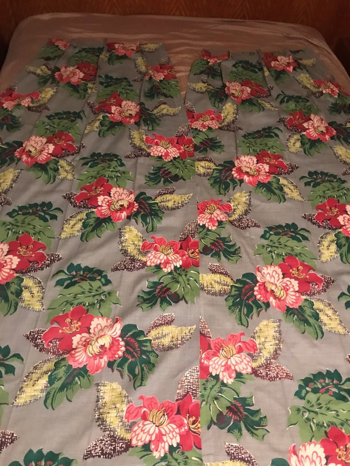 2 Vintage 1940's Barkcloth Curtains, Pink, Red Hibiscus Flowers set #1
