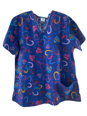 S.C.R.U.B.S. Womens Blue Heart Design Pockets CUTE Top SZ 1X