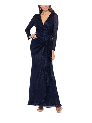 BETSY & ADAM Womens Navy Cascade Ruffle Front Lined Dress Petites 12P