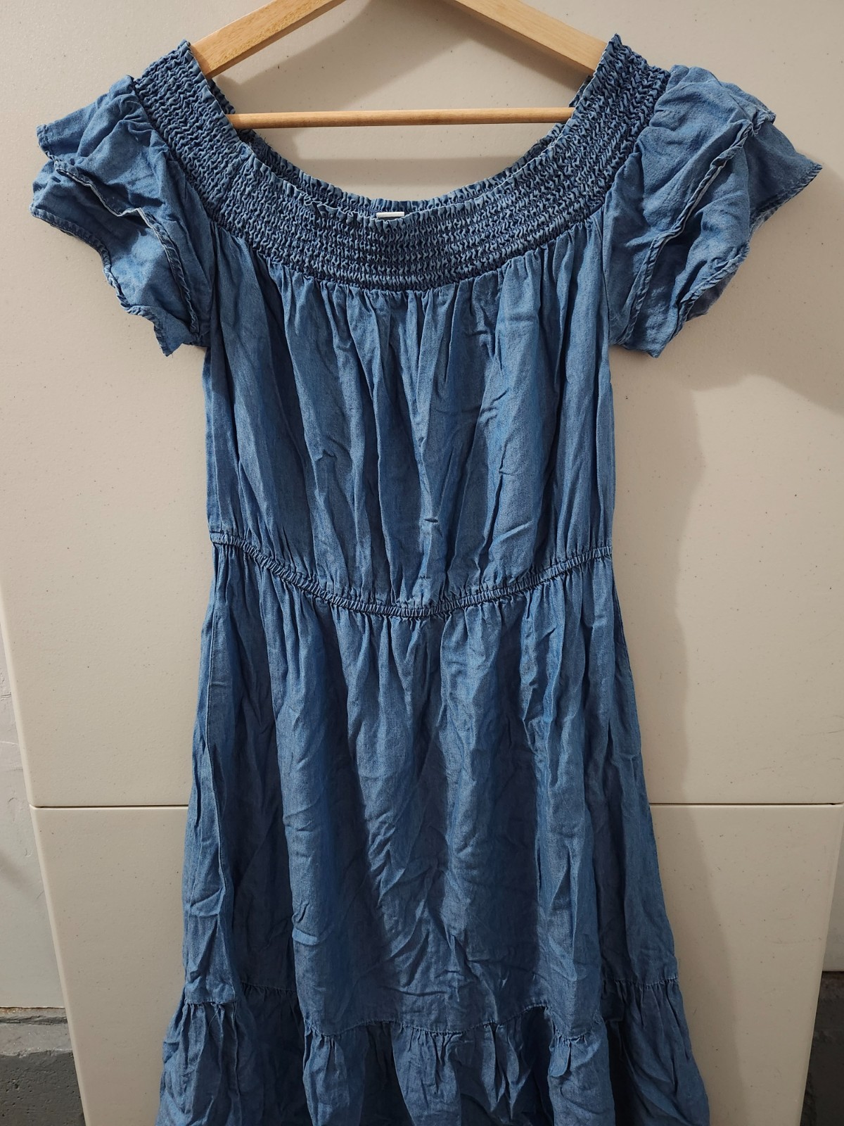 Old Navy Dress Womens M Midi Flare Tier Short Sleeve Off Shoulder Denim  Chambray | eBay