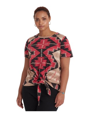 

RALPH LAUREN Женский бежевый топ с круглым вырезом и короткими рукавами с галстуком Plus