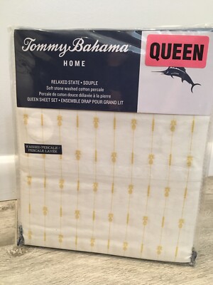 Tommy Bahama Queen Sheet Set Pineapple Yellow Pinstripe 100% Cotton Percale NEW