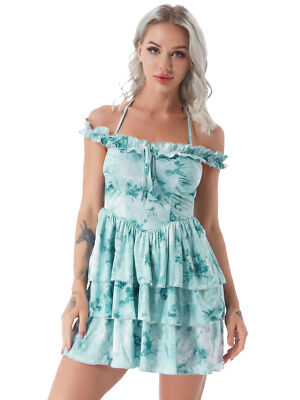Women's Off Shoulder Halter Ruffled Layered Pleated Swing Bubble Princess Dress 