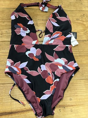 Bar III Women s Secret Garden Halter One Piece Swimsuit Black Multi Size L