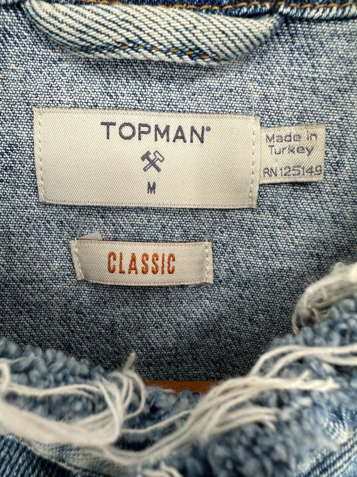 Topman Denim Jacket Mens Medium Classic Fit Distressed Jean Button Blue *stain*