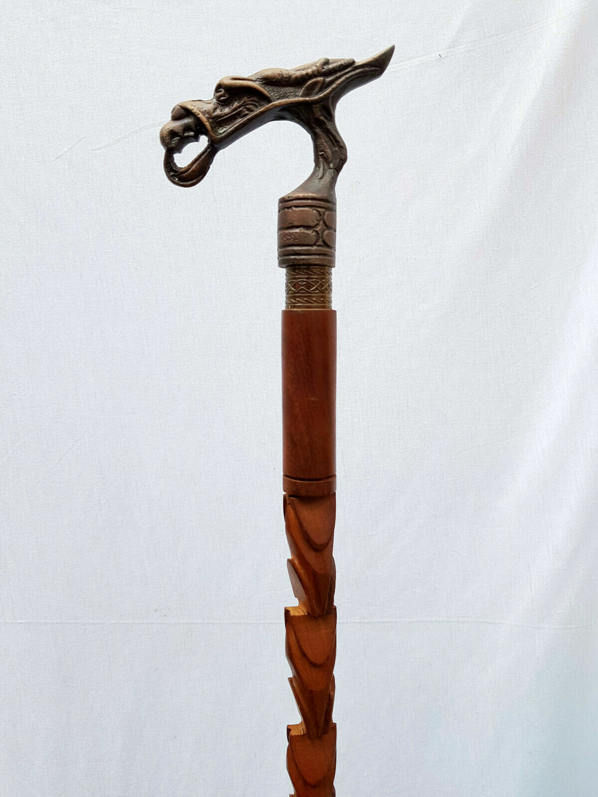 Vintage Aluminium Head Dragon Handle Walking Stick Wooden Designer Brown Cane 
