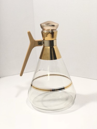 VTG MCM Glass Coffee Pot Carafe 22 Ct. Gold Striped Atomic Age Cork Stopper