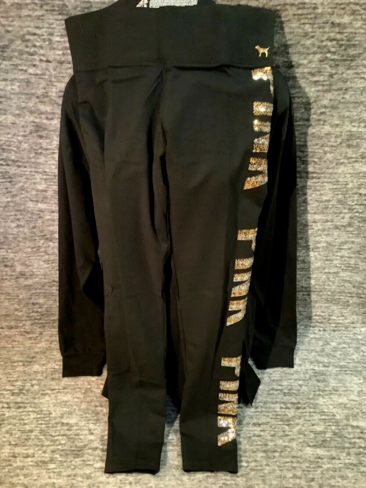 Pre-owned Victoria's Secret Pink Bling Campus Tee Shirt + Leggings Set Black Dog Logo M