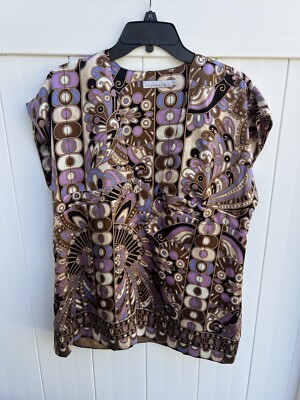 Alice & Trixie Womens M 100% Silk Top Colorful Geometric Cap Sleeve Deep V Neck