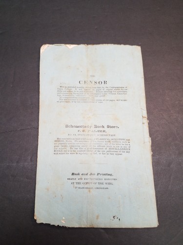 1833 Union College Censor FIRST ISSUE Vol 1 No 1 Schenectady NY Student Magazine