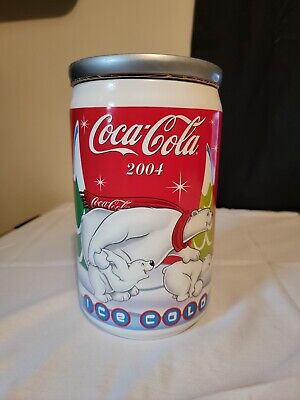 Vintage 2004 Coca-Cola Polar Bear & Cubs Can Shaped Ceramic Christmas Cookie Jar