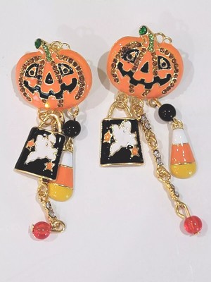 PUMPKIN STUD Trick or Treat Halloween Multi Charm CANDY CORN EARRINGS Goldtone 