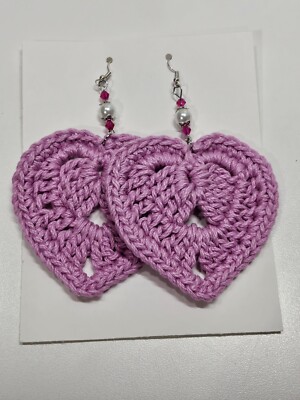 Beaded Crochet Hearts Earrings Handmade Pink Handcrafted