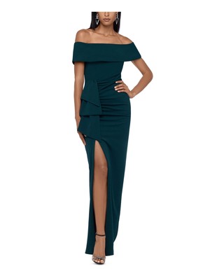 XSCAPE Womens Green Gown Short Sleeve Off Shoulder Maxi Evening Sheath Dress 14