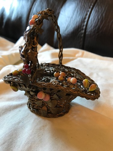 Woven Brass Perfume Basket Victorian w/Glass Fruits & Butterflies 1890