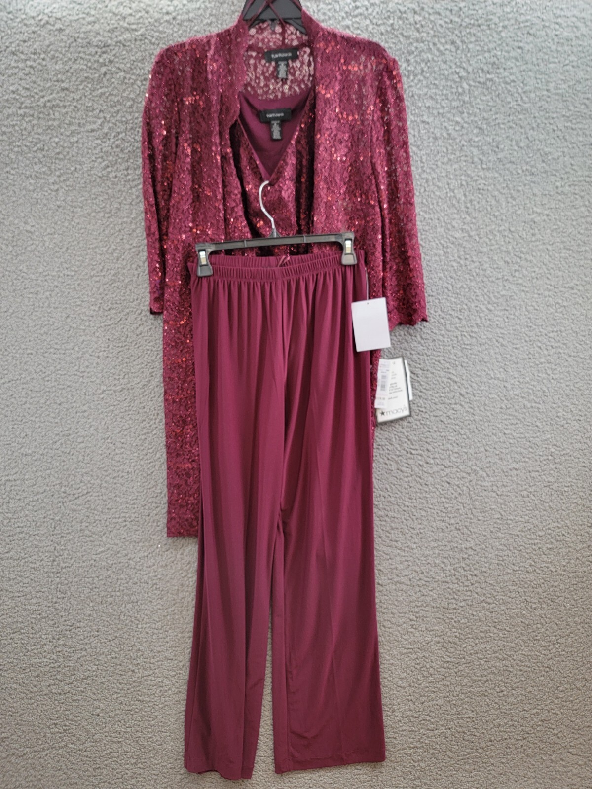 R & M Richards 3-Pc. Sequined Lace Pantsuit & Jacket Women's 6 Merlot 3/4 Sleeve - Picture 2 of 22