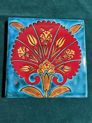Vintage Floral Original Craft Ceramic Decorative Tile Hand Made  5''x 5'' Signed