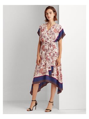 

RALPH LAUREN Женское белое платье с V-образным вырезом и цветочным принтом для работы, платье с запахом, миниатюрные, Белый