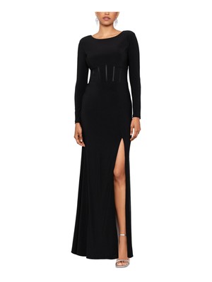 XSCAPE Womens Black Corset-waist V-back Shoulder Pad Long Sleeve Formal Dress 10