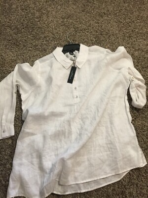 JNY Jones New York 100% Linen Top High/Low Tunic Roll Up Sleeve White Plus Sz 2X