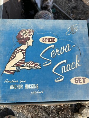 ANCHOR HOCKING SERVA-SNACK SET - #600/76 - 8 PC. GRAPE PATTERN - ORIGINAL BOX