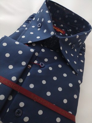 Mens 2095 Sangi Monaco Tall High Collar FC Shirt Trendy Navy Blue w/Polkadots