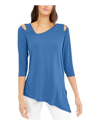 

ALFANI Женская синяя футболка с асимметричным вырезом и рукавом 3/4 Wear To Work, Синий