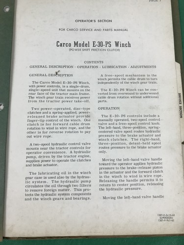 Vintage 1960s CARCO Winch E-30-PS  Tractor Service & Parts Manual, Paccar
