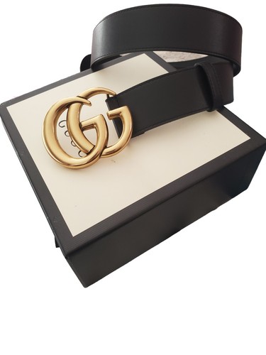 GUCCI ベルト ダブルG スリムベルト ブラック ゴールド Authentic Gucci Black Smooth Calfskin Leather Gold Double G