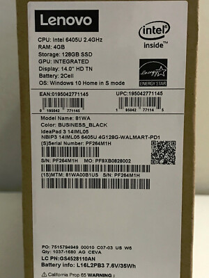 Lenovo IdeaPad 3 81WA00B1US 14'' HD Pentium 6405U 4GB DDR4 128 GB SSD WIN 10 81WA
