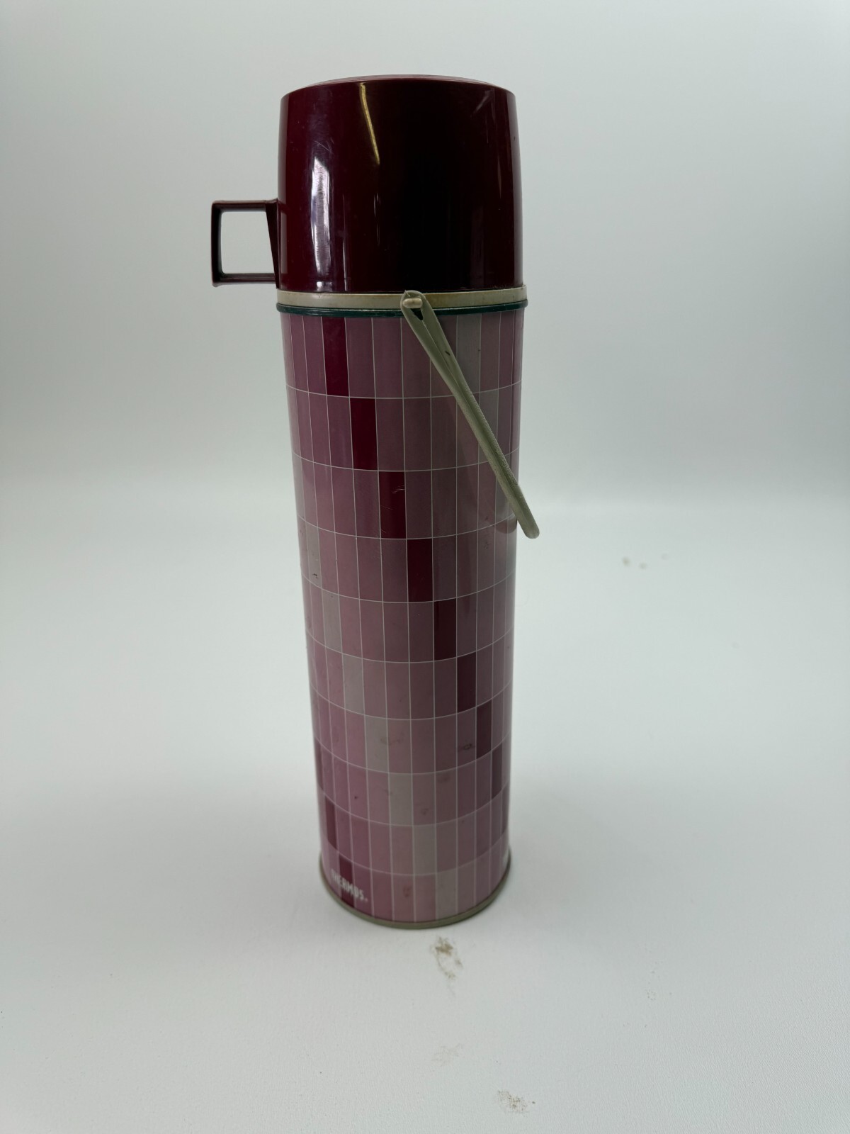 RARE Vintage Thermos Red Pink Metal Plaid Cup Mid Century Modern Stopper