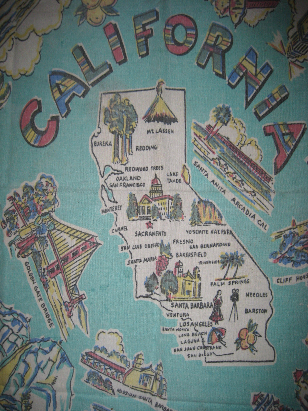 California State Picture Map Linen 1940s / 50s Vintage Pristine Mint 39