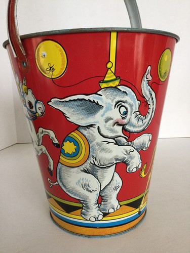 Vintage US Metal Toy Mfg Co Large Tin Litho Sand Pail With Circus Theme Animals