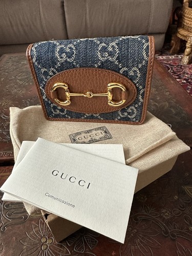 Gucci Horsebit 1955 GG Card Case Wallet Brown Leather Denim