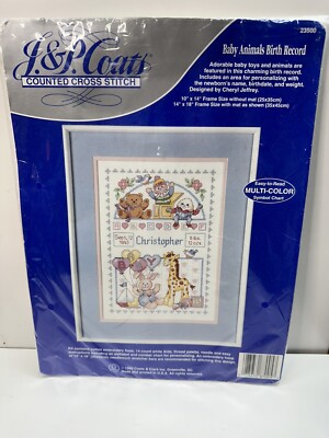 Vintage J & P Coats Counted Cross Stitch Baby Animals Birth Record 23500 new
