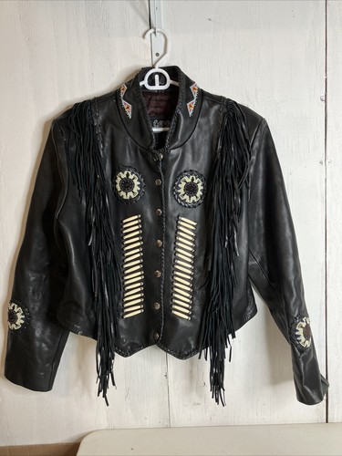 LEATHER GALLERY Women's Embellished Fringe Jacket Black Real