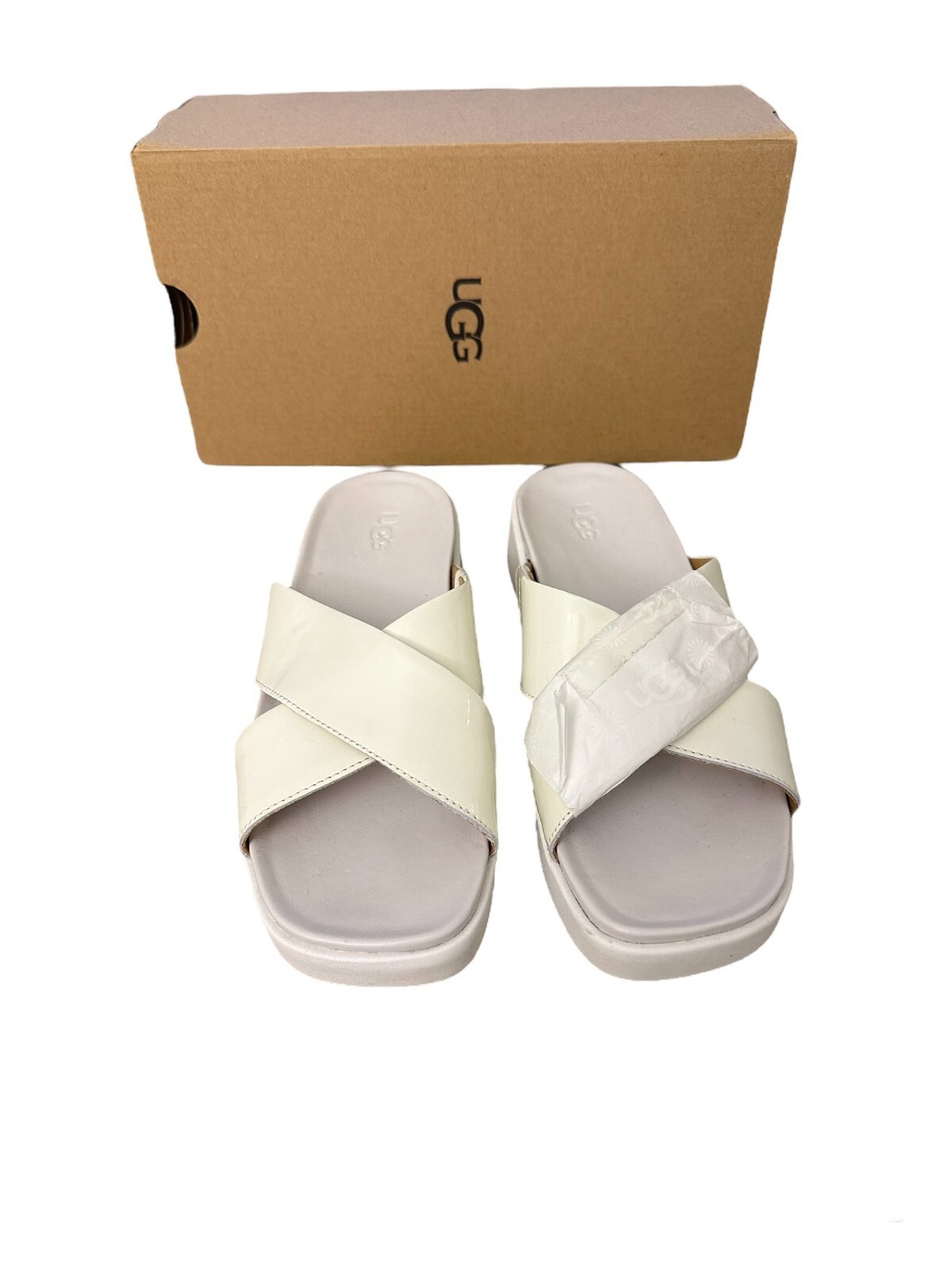 UGG Women's Emily White Patent Leather Cross Slide Sandals