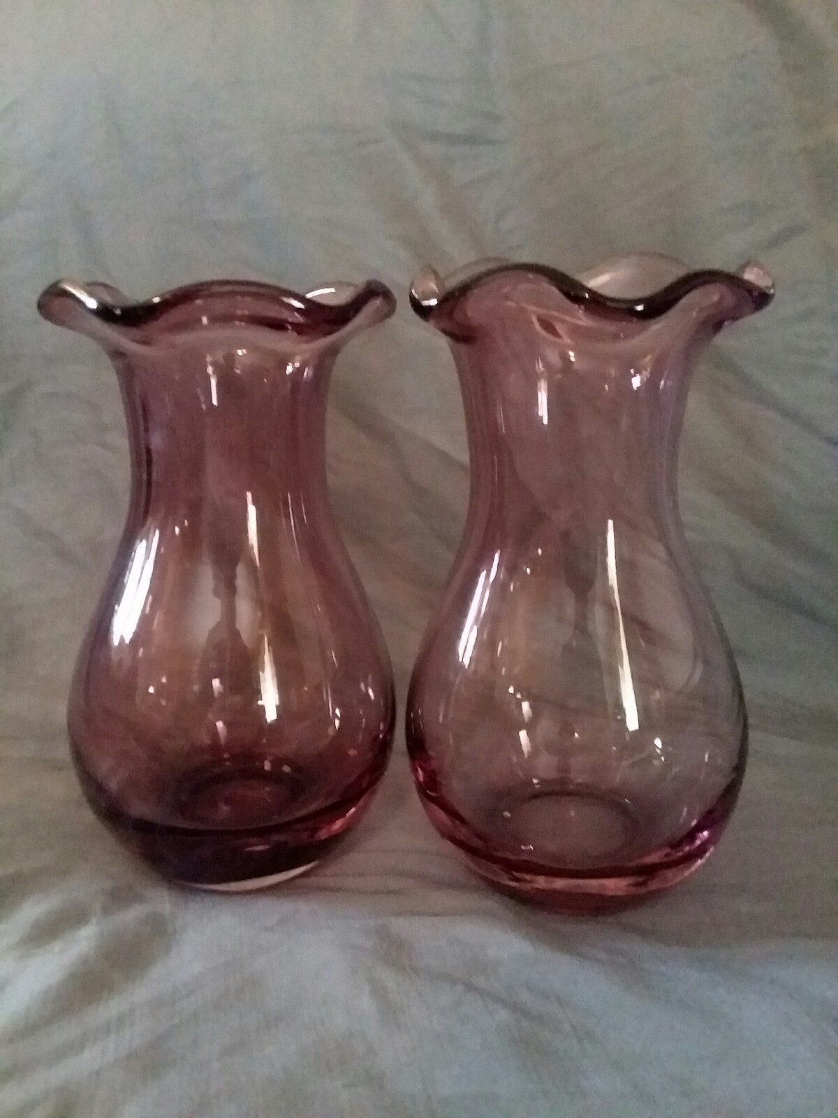 Pair Purple Glass Fluted Vases 7.5