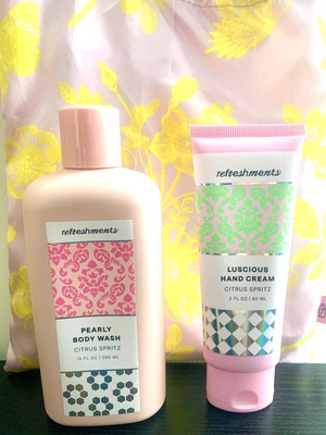 Ipsy Refreshments Vegan 3pc Gift Set Citrus Spritz Body Wash-Hand Lotion-Bag