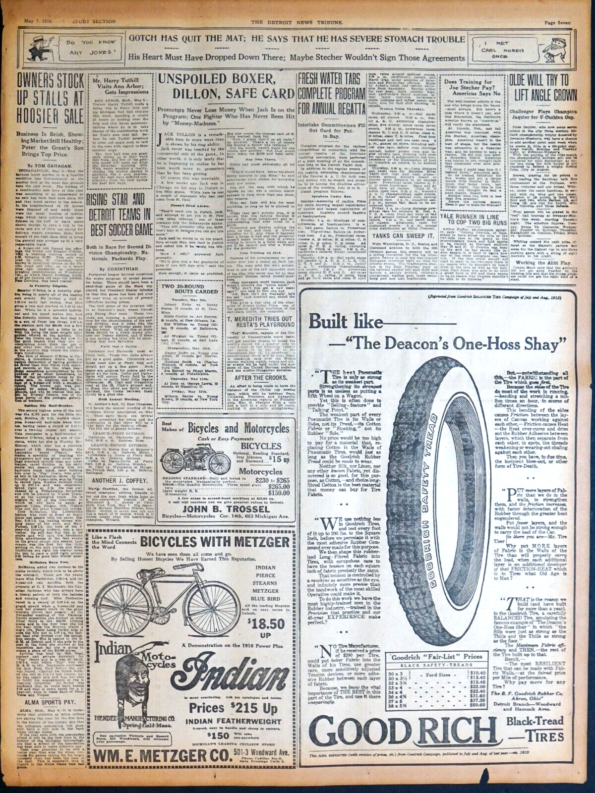 1916 Detroit Newspaper Page - Metzger Bicycles and Indian Motorcycles ad