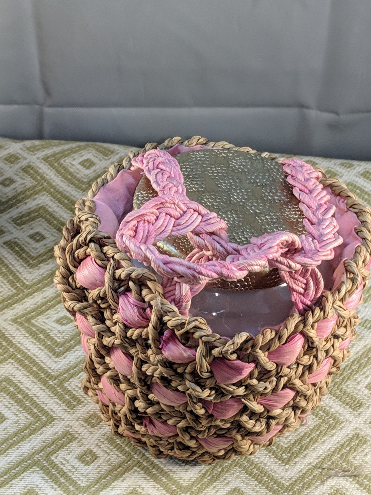 Pink and Natural Woven Hand  Basket
