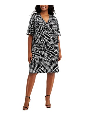 CONNECTED APPAREL Womens Tie Elbow Sleeve Knee Length Cocktail Faux Wrap Dress