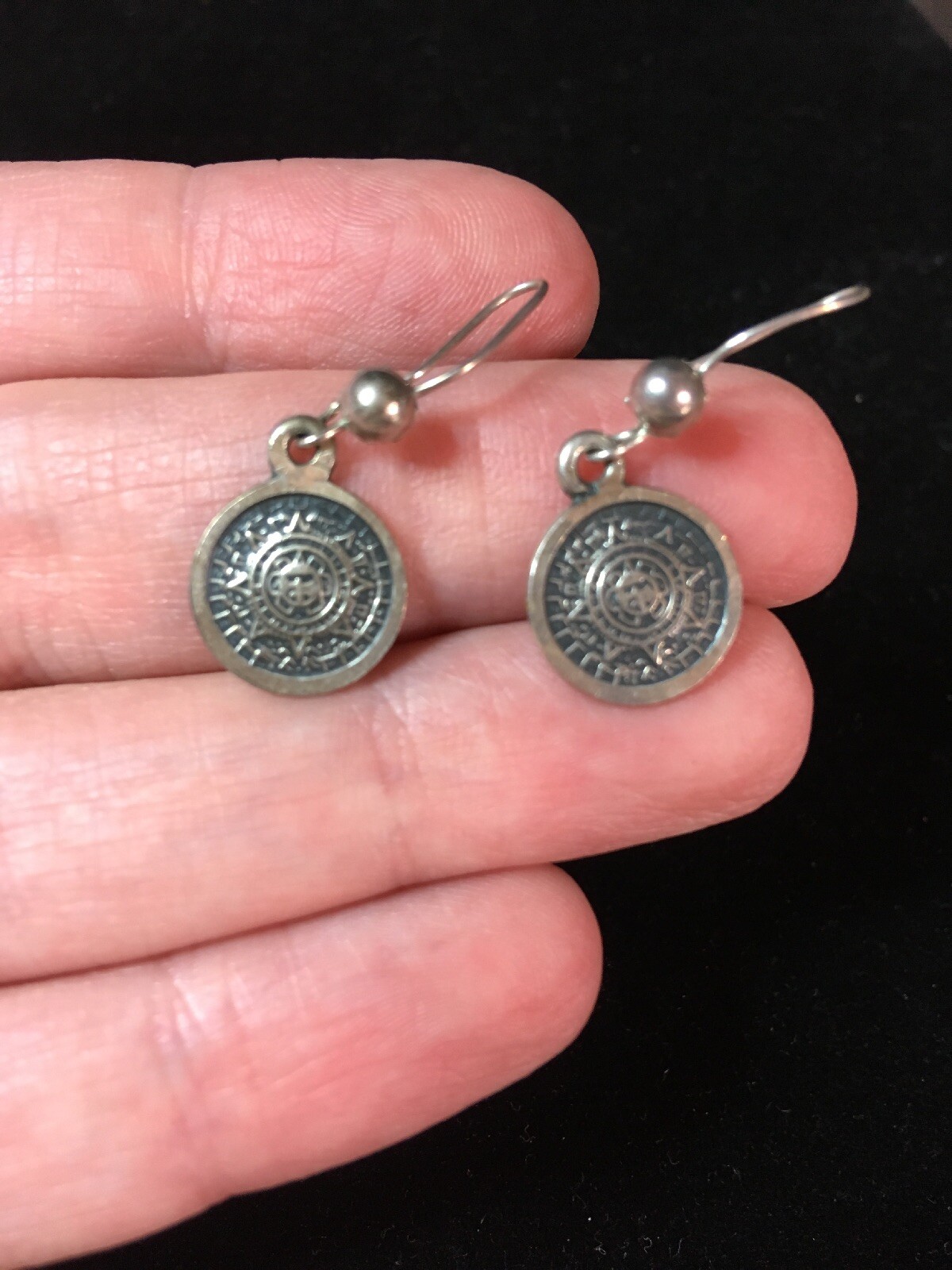 Vintage Mexico 925 Sterling Silver Mayan Aztec Calendar Earrings Dangle Drop