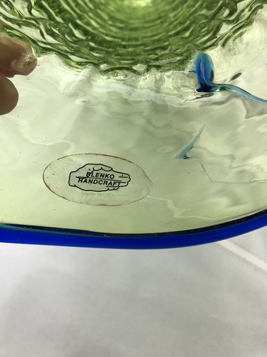 Blenko Vase by Hank Adams Specialty Line Celery with Cobalt Applied Edge 13.5”